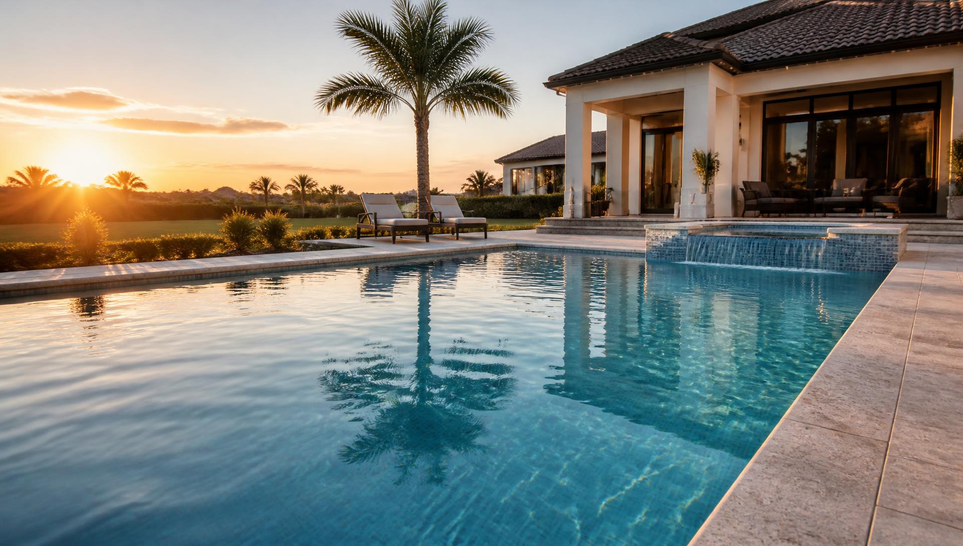 Crystal clear residential pool at golden hour in Central Florida