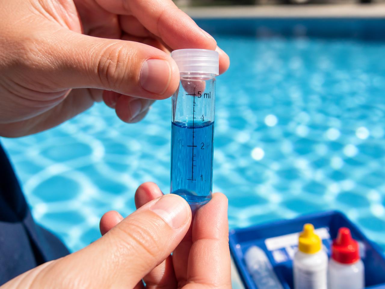 Technician holding a water test vial with blue reagent beside a pool